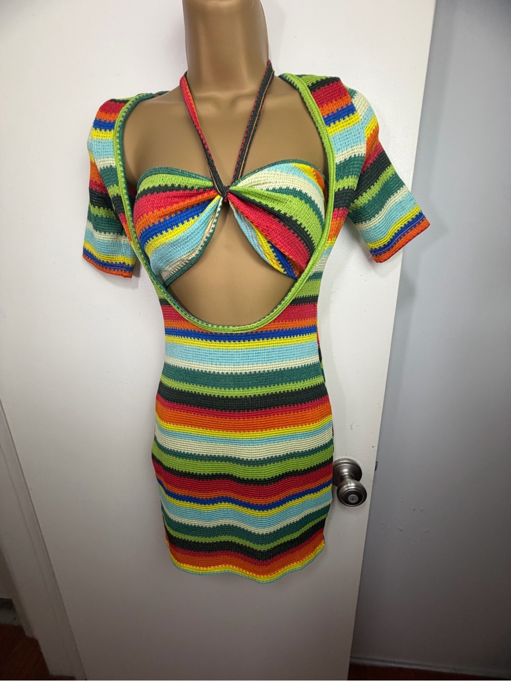 Edikted X Dolls Kill 2Pc Andrea Rainbow Striped Knitted Boho Fitted Dress NWOT S